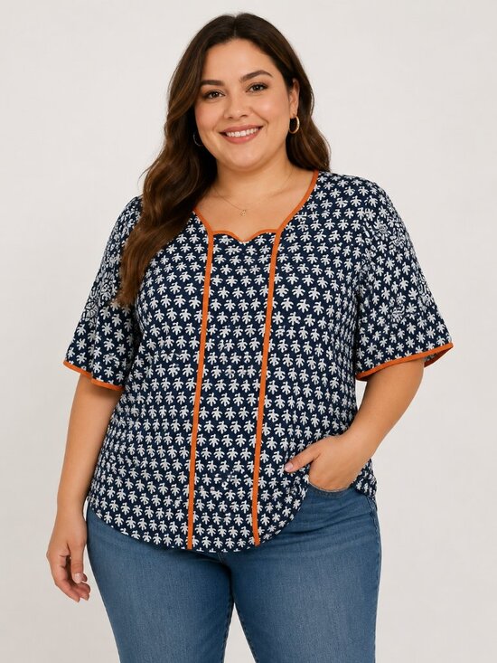 SHEIN Tops - SHEIN Curve 4XL Navy White Print Blouse Orange Trim Short Sleeve Plus Size Boho